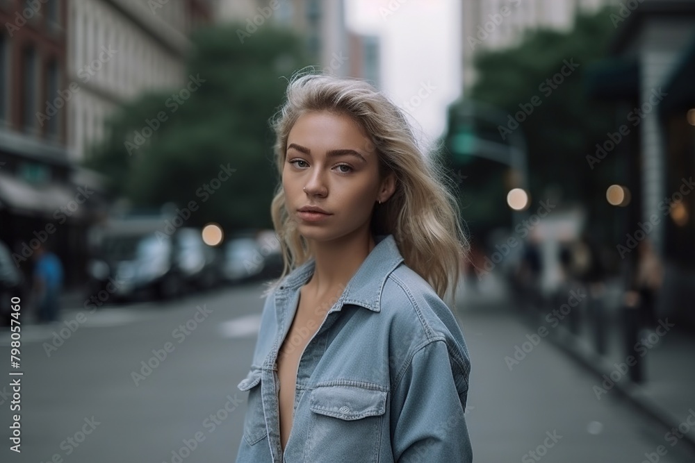 A blonde woman is standing on a city street wearing a blue shirt A blonde woman is standing on a city street wearing a blue shirt