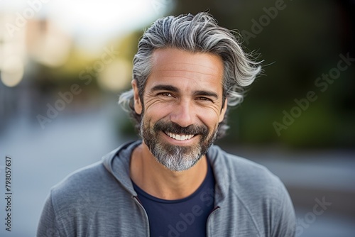 A man with a beard and gray hair is smiling and wearing a gray hoodie