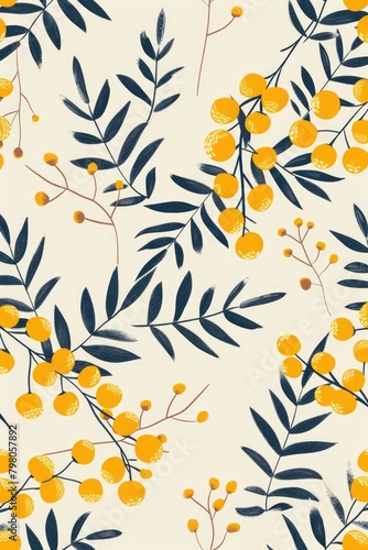 A vibrant pattern of yellow flowers and leaves on a white background. Suitable for various design projects
