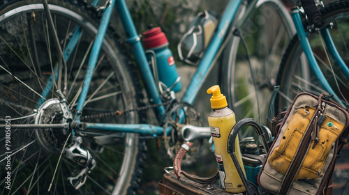 Bicycle Cleaning Kit A bicycle cleaning kit displayed next to a bike, featuring a chain cleaner, bike wash solution, and detailing brushes, designed to remove dirt, grease,