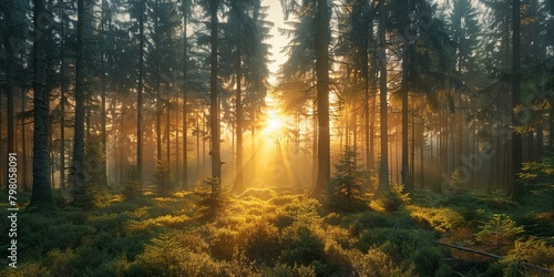 Breathtaking landscape in fir forest in the morning