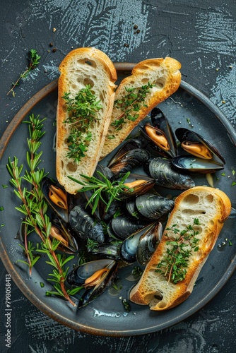 Fresh mussels and bread on a wooden table, perfect for seafood restaurant menus © Fotograf