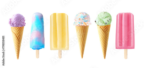 Set of unique summer popsicle and ice cream desserts isolated on a white background. Pastel colors. Berry, cotton candy, banana, birthday cake, mint and strawberry flavors.