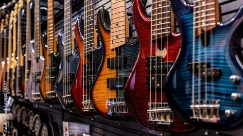  A series of bass guitars hanging on a wall in a music store  showcasing a variety of colors and styles available to musicians.  --ar 16 9 --style raw Job ID  7168d316-f6ed-4713-a71e-03bc6901a72c