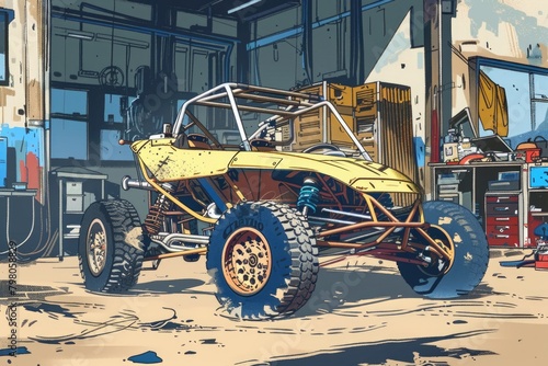A painting of a yellow buggy parked in a garage. Suitable for automotive concepts