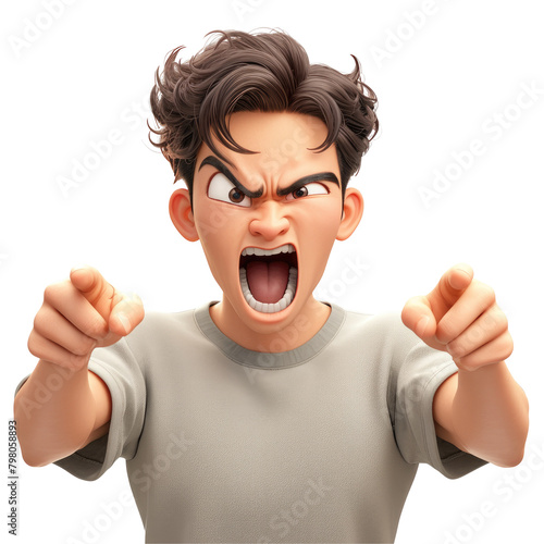 An animated young Asian man sporting a gray t shirt is hilariously pulling an angry face as he points and shouts at the camera set against a transparent background