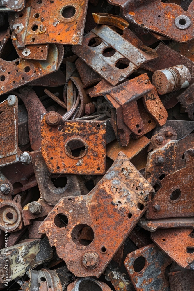 A pile of rusted metal pieces with holes. Suitable for industrial concepts