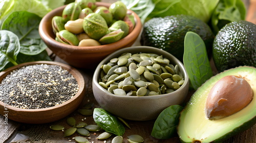 Green nuts and seeds. Avocado, chia seeds, pistachios, pumpkin seeds. Source of saturated fatty acids. Healthy nutrition. photo