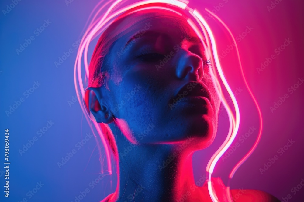 Woman with closed eyes standing in front of neon light. Suitable for lifestyle or meditation concepts Woman with closed eyes standing in front of neon light. Suitable for lifestyle or meditation concepts
