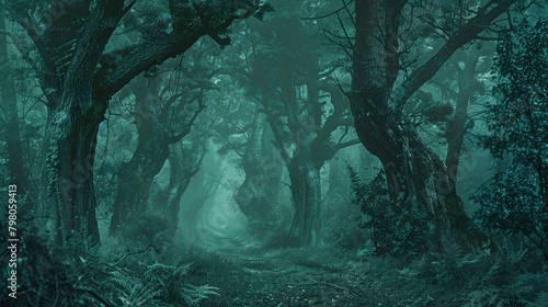 Mysterious forest, dark green and light cyan, creating a mysterious atmosphere with a mysterious background. Towering trees and a foggy path, with hidden creatures lurking in the shadows