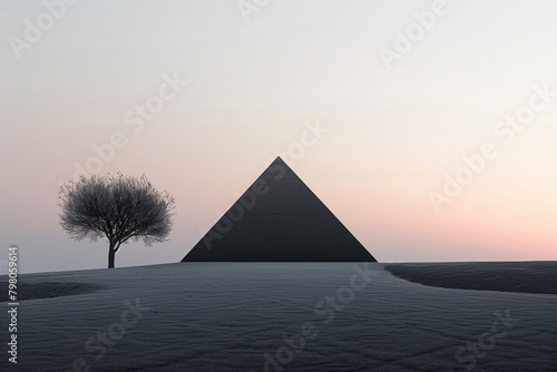 Pyramid silhouette at sunset. Black  grey  white gradient. Minimalist fine art.