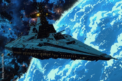 A large star destroyer flying through the sky. Suitable for sci-fi and space-themed projects photo
