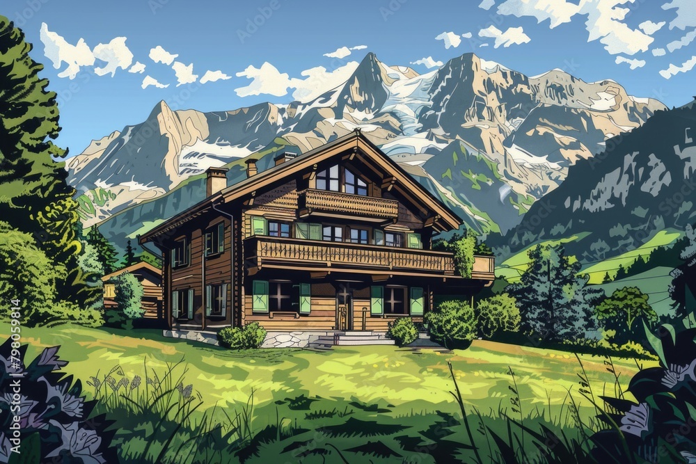 A picturesque cabin nestled in the mountains. Ideal for home decor