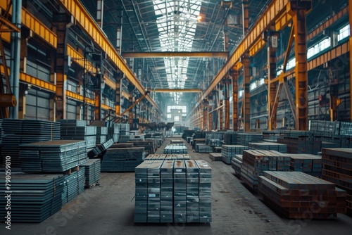 A vast warehouse filled with metal items, ideal for industrial concepts