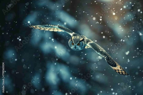  A silent owl flight over a snow-covered forest under the moonlight, epitomizing silent grace common barn owl head close up A white faced scops owl ,Ptilopsis leucotis, in a tree staring with large  photo