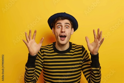 A man in a striped shirt and hat making a funny face. Suitable for humor and entertainment concepts photo