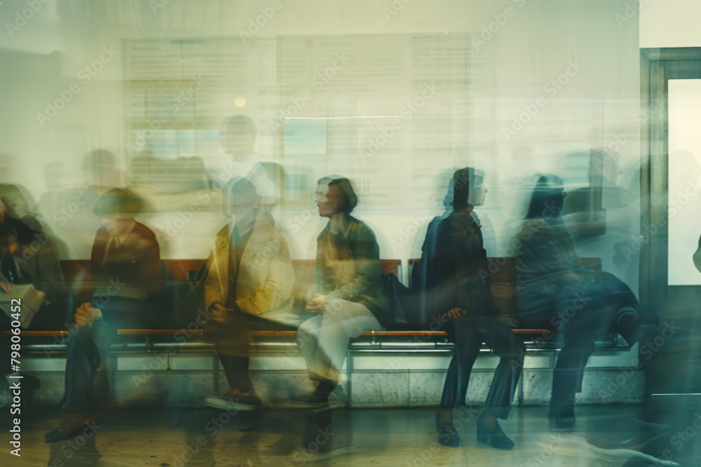Abstract blurred image of people waiting in bank.