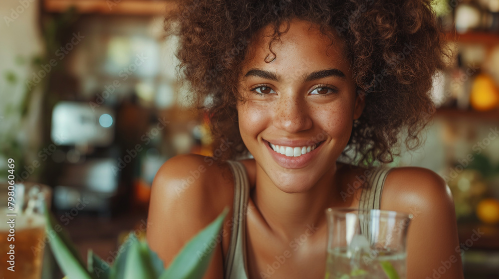 Beautiful happy woman sitting with drinks and healthy green food at home. Vegan meal and detox concept. - obrazy, fototapety, plakaty 