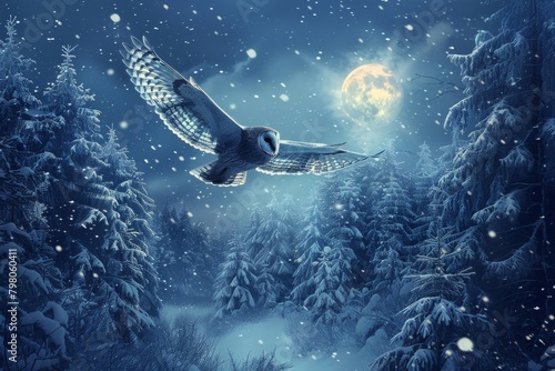  A silent owl flight over a snow-covered forest under the moonlight  epitomizing silent grace common barn owl head close up A white faced scops owl  Ptilopsis leucotis  in a tree staring with large 