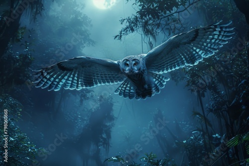  A silent owl flight over a snow-covered forest under the moonlight, epitomizing silent grace common barn owl head close up A white faced scops owl ,Ptilopsis leucotis, in a tree staring with large  photo