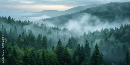 A breathtaking view of a dense forest with fog rolling through it, against the backdrop of majestic mountains, showing the peaceful and mysterious beauty of nature © toomi123