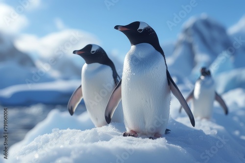 Emperor penguins. isolated on white background, A gentoo penguin couple has a tender moment on a small berg,Adelie Penguin, pygoscelis adeliae, Group Leaping into Ocean, Paulet Island in Antarctica photo