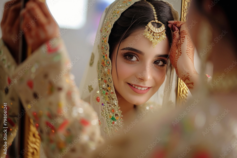 Beautiful indian bride doing make up in front of mirror