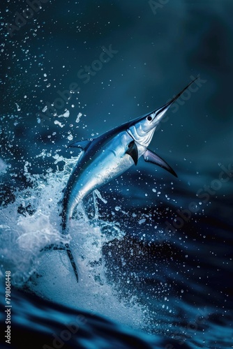 A majestic blue marlin fish leaping out of the ocean. Perfect for sports or wildlife themes
