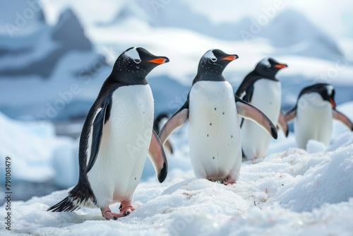 Emperor penguins. isolated on white background, A gentoo penguin couple has a tender moment on a small berg,Adelie Penguin, pygoscelis adeliae, Group Leaping into Ocean, Paulet Island in Antarctica photo