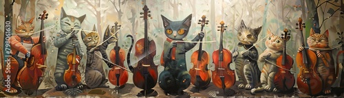 A mural of a group of cats playing cellos and conducting an orchestra, with instruments made of yarn