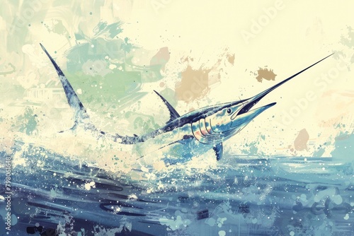 A vibrant painting of a blue marlin fish leaping out of the water. Ideal for aquatic themes and sports fishing promotions photo