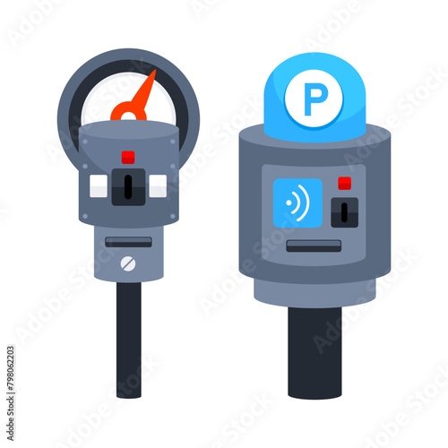 City parking meters. Car ticket street traffic. Parking lot with authorized parking machine.