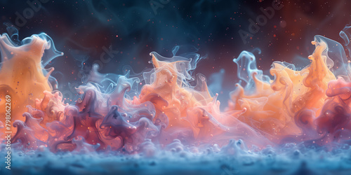 Vibrant swirls of orange and blue smoke mix together against a dark background, creating an otherworldly cloud of colors. photo