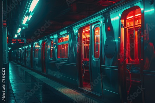 A subway train with its doors open at night. Perfect for transportation concepts photo