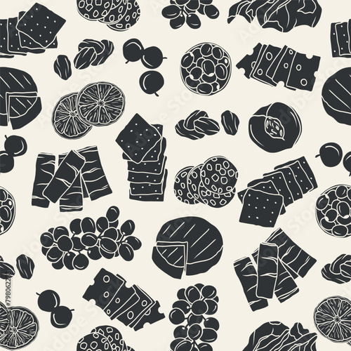 Flat vector charcuterie board food seamless pattern