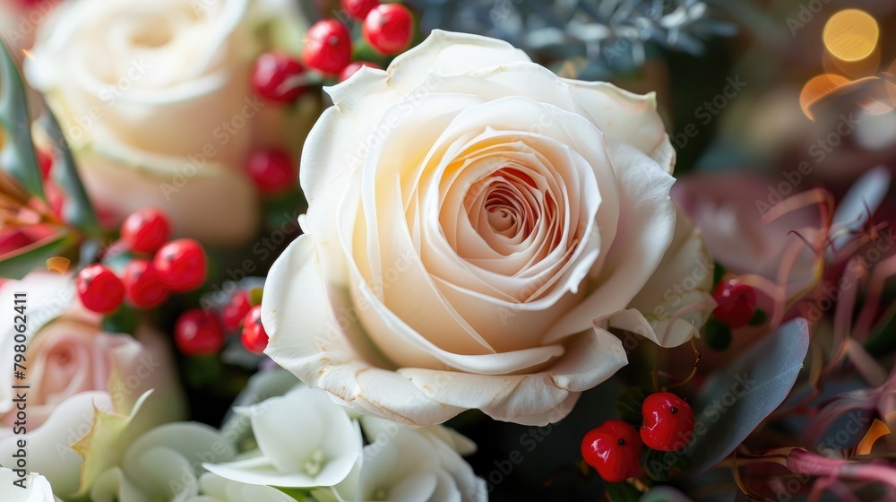 A close up of a festive bouquet featuring the delicate white petals of a rose A close up of a festive bouquet featuring the delicate white petals of a rose