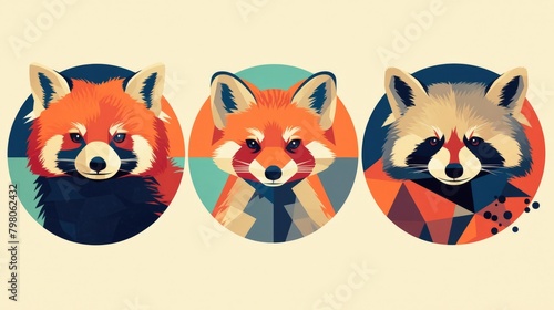 Chic and minimalist animal head icons featuring a fox red panda and raccoon are elegantly stylized within circles in a modern geometric design