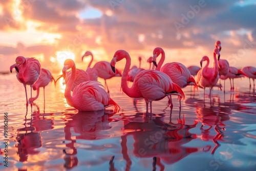 Flamingo bird animal set photo isolated on white background. This has clipping path. pink flamingos during a brilliant sunset ,Beautiful flamingos walking in the water with green grasses background. photo