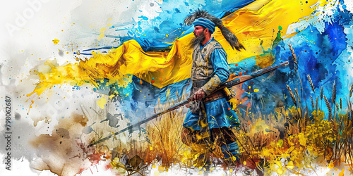 Ukrainian Flag with a Cossack Warrior and a Wheat Farmer - Imagine the Ukrainian flag with a Cossack warrior representing Ukraine's historical warrior class and a wheat farmer photo