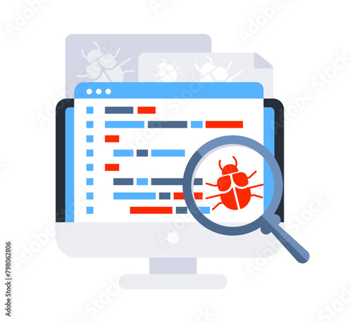 Computer bug detection. Bug error notification. System error warning. Testing software. Magnifier searching malware