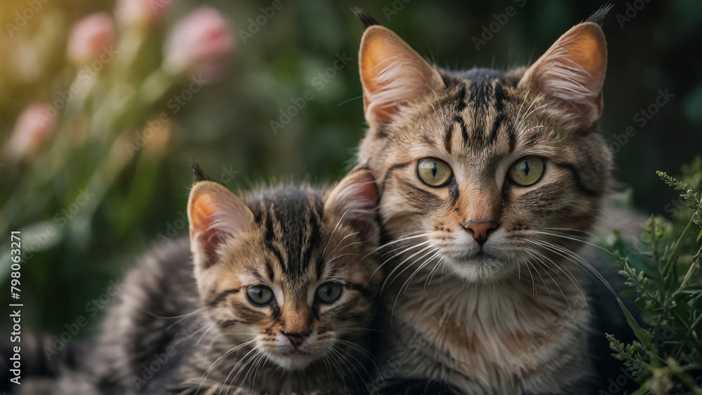 Two kittens and their mother on a blanket. Two kittens and their mother on a blanket.