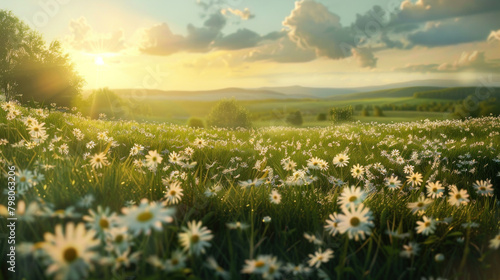 Beautiful spring and summer nature with fields of blooming daisies in the grass in the hilly countryside.