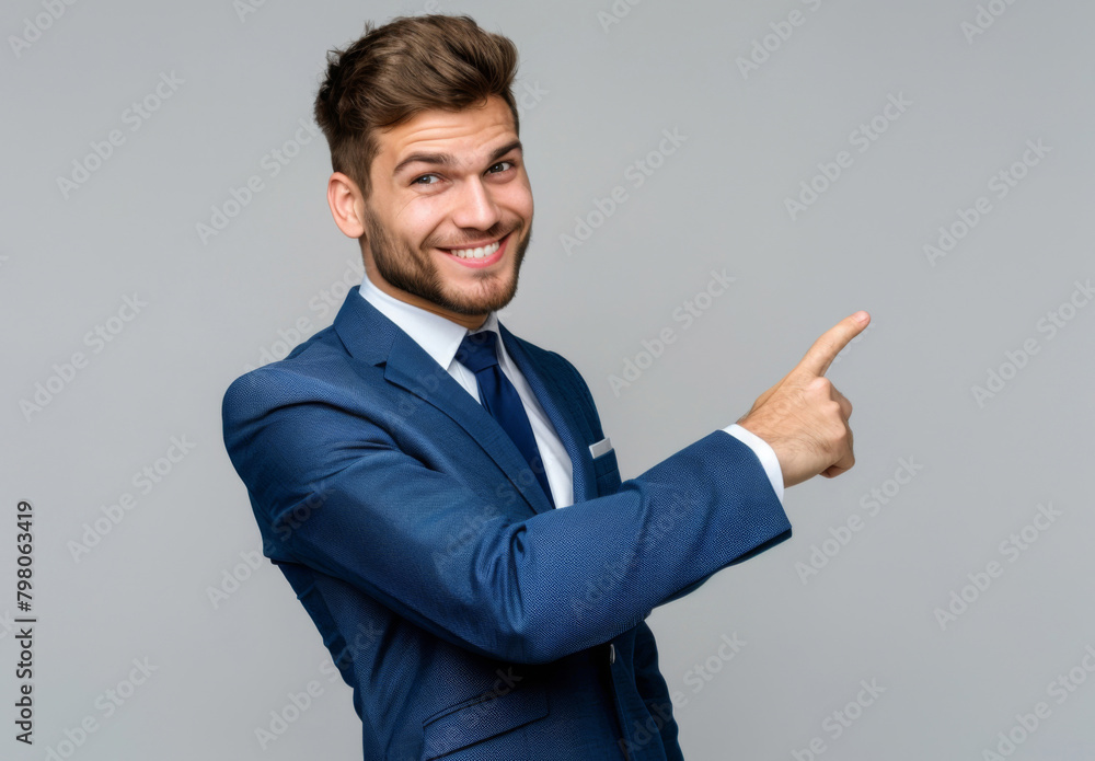 Businessman, pointing and smile by studio background for marketing, product placement and notification for sale. Portrait, happy man and space for showing info with advertising and offer on mockup Businessman, pointing and smile by studio background for marketing, product placement and notification for sale. Portrait, happy man and space for showing info with advertising and offer on mockup
