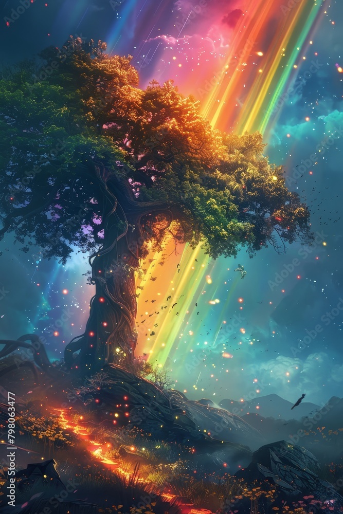 Fototapeta premium A tree with rainbow colors is surrounded by a field of fire