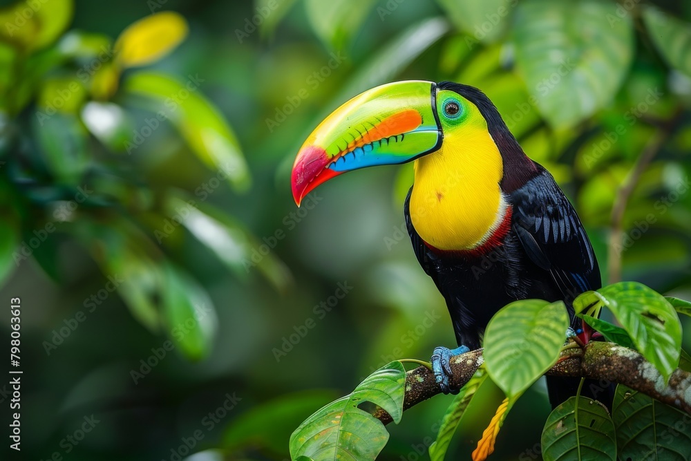 Obraz premium A vibrant toucan perched in the Amazon rainforest, its vivid colors standing out against the green foliage,Keel-billed Toucan, Ramphastos sulfuratus, bird with big bill sitting on the branch in 