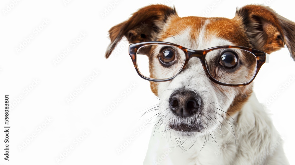 A curious dog wearing reading glasses, close-up view, perfectly isolated on a white background for educational content