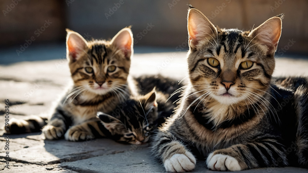 Two kittens and their mother on a blanket. Two kittens and their mother on a blanket.