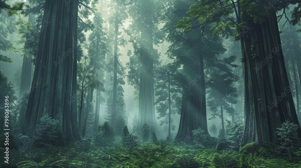 A forest of giant redwoods shrouded in a thick blanket of fog, their immense size and age highlighted in this silent, misty habitat