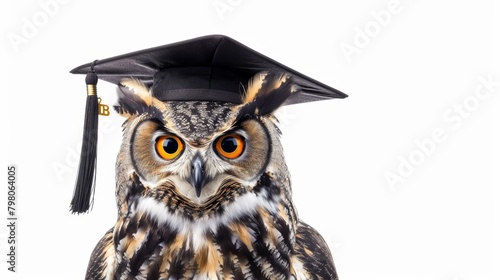 A scholarly owl with graduation cap, sharp gaze, isolated on pure white background, ideal for educational themes photo