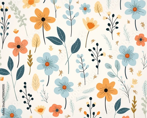 Handdrawn petite flowers, soft seamless pattern for cozy quilting projects , flat graphic drawing
